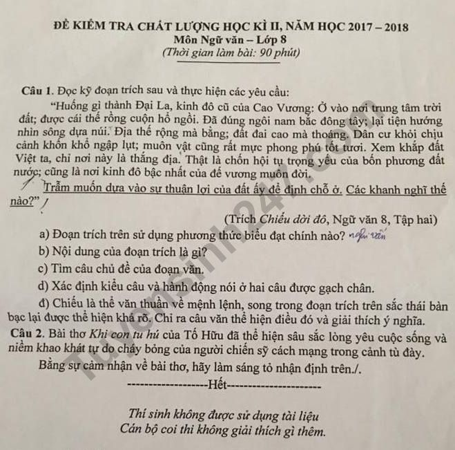 De thi ki 2 lop 8 mon Van 2018 - THCS Le Binh