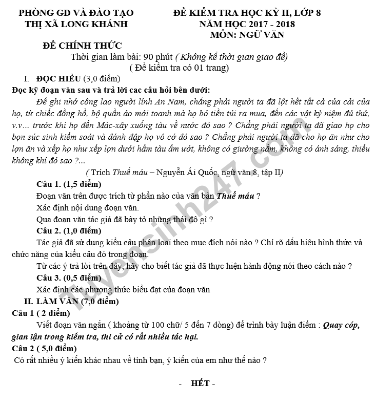 De kiem tra hoc ki 2 lop 8 mon Van - Phong GD&DT Thi xa Long Khanh 2018