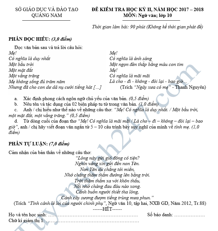 De kiem tra hoc ki 2 lop 10 mon Van - So GD&DT Quang Nam 2018