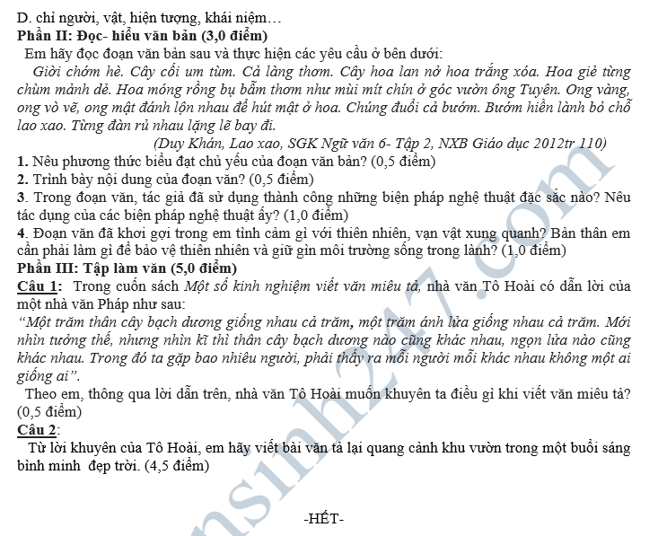 De thi hoc ki 2 lop 6 mon Van - So GD&DT Nam Dinh nam 2018