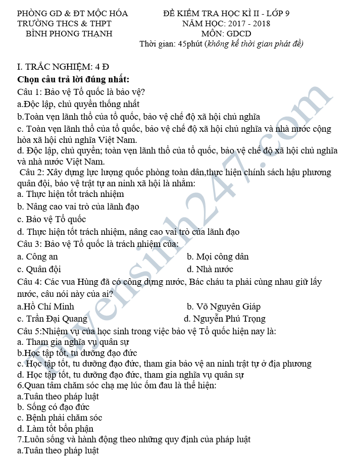 De thi hoc ki 2 lop 9 mon GDCD - THCS&THPT Binh Phong Thanh 2018