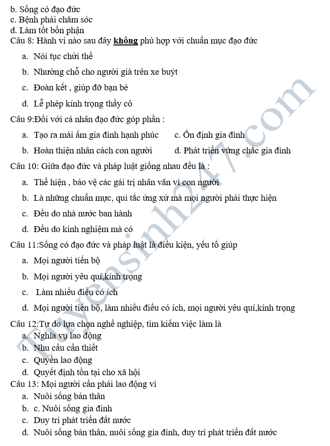 De thi hoc ki 2 lop 9 mon GDCD - THCS&THPT Binh Phong Thanh 2018