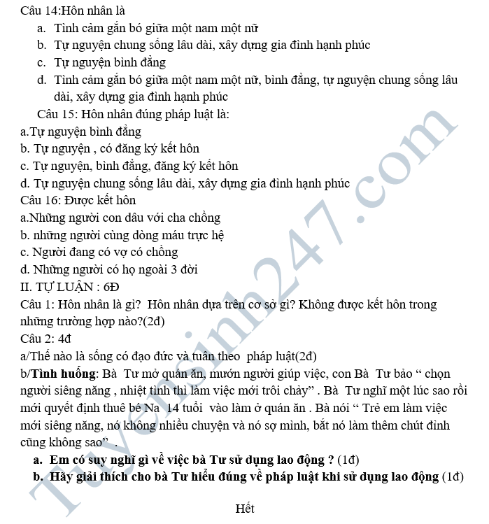 De thi hoc ki 2 lop 9 mon GDCD - THCS&THPT Binh Phong Thanh 2018