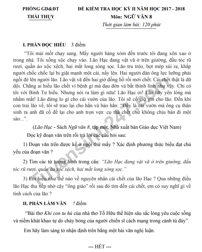 De kiem tra hoc ki 2 lop 8 mon Van - Phong GD&DT Thai Thuy 2018