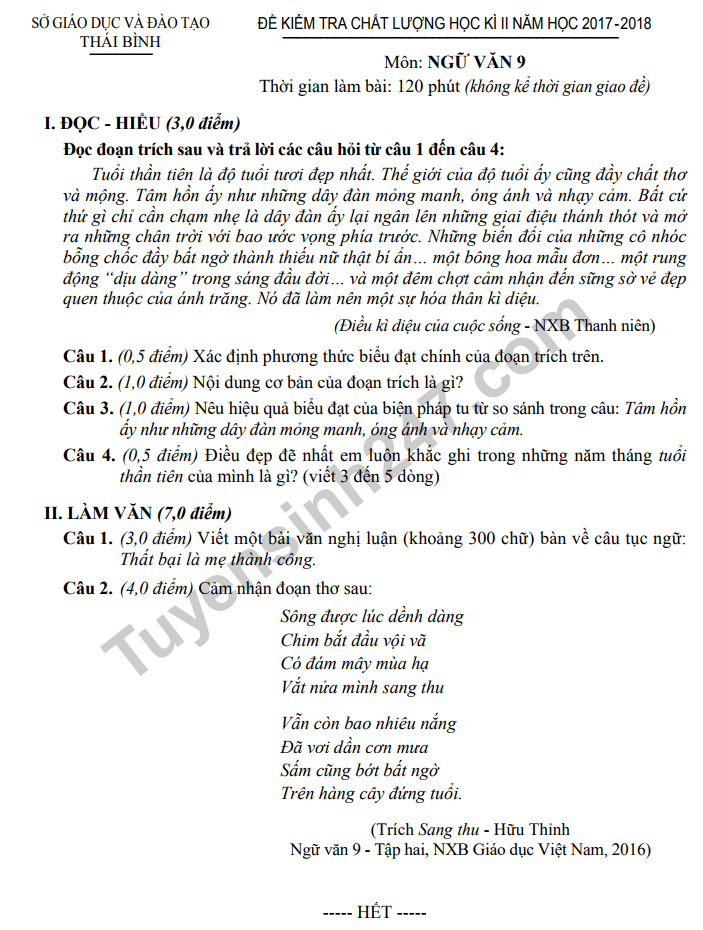 De thi hoc ki 2 lop 9 mon Van - So GD&DT Thai Binh 2018