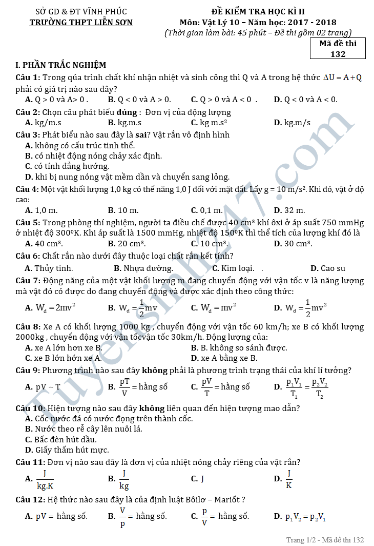 De thi hoc ki 2 lop 10 mon Vat ly - THPT Lien Son nam 2018