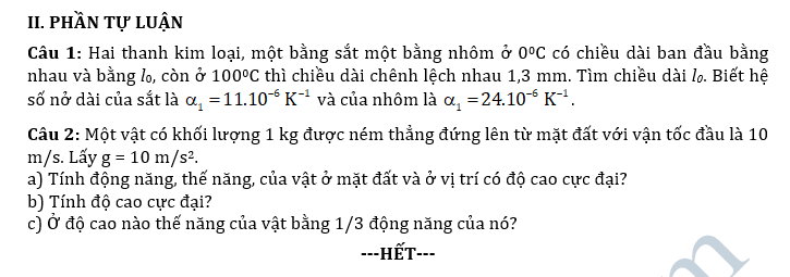 De thi hoc ki 2 lop 10 mon Vat ly - THPT Lien Son nam 2018