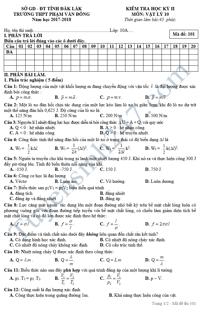 De kiem tra hoc ki 2 lop 10 mon Vat ly - THPT Pham Van Dong 2018