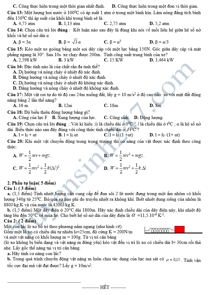 De kiem tra hoc ki 2 lop 10 mon Vat ly - THPT Pham Van Dong 2018