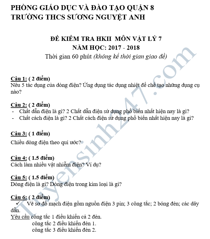 De kiem tra hoc ki 2 lop 7 mon Ly - THCS Suong Nguyet Anh 2018