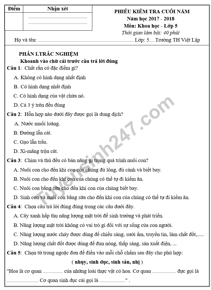 De kiem tra hoc ki 2 lop 5 mon Khoa hoc - Tieu hoc Viet Lap 2018