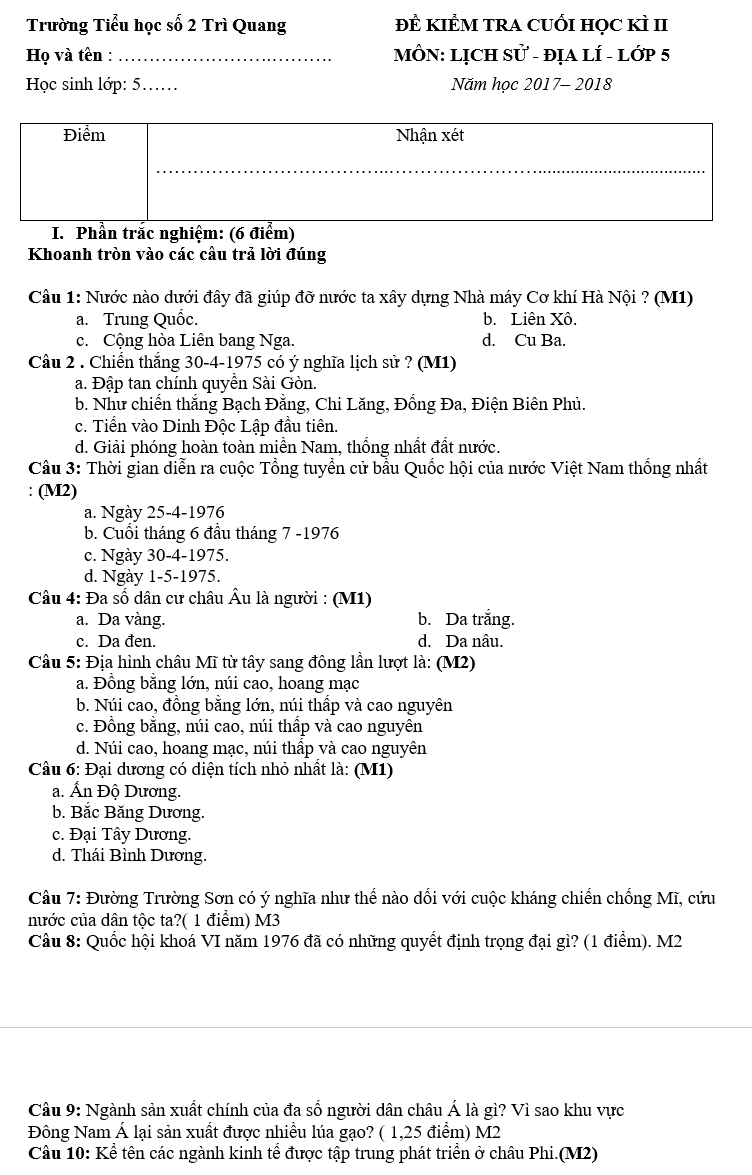 De kiem tra hoc ki 2 lop 5 mon Su&Dia - Tieu hoc so 2 Tri Quang 2018