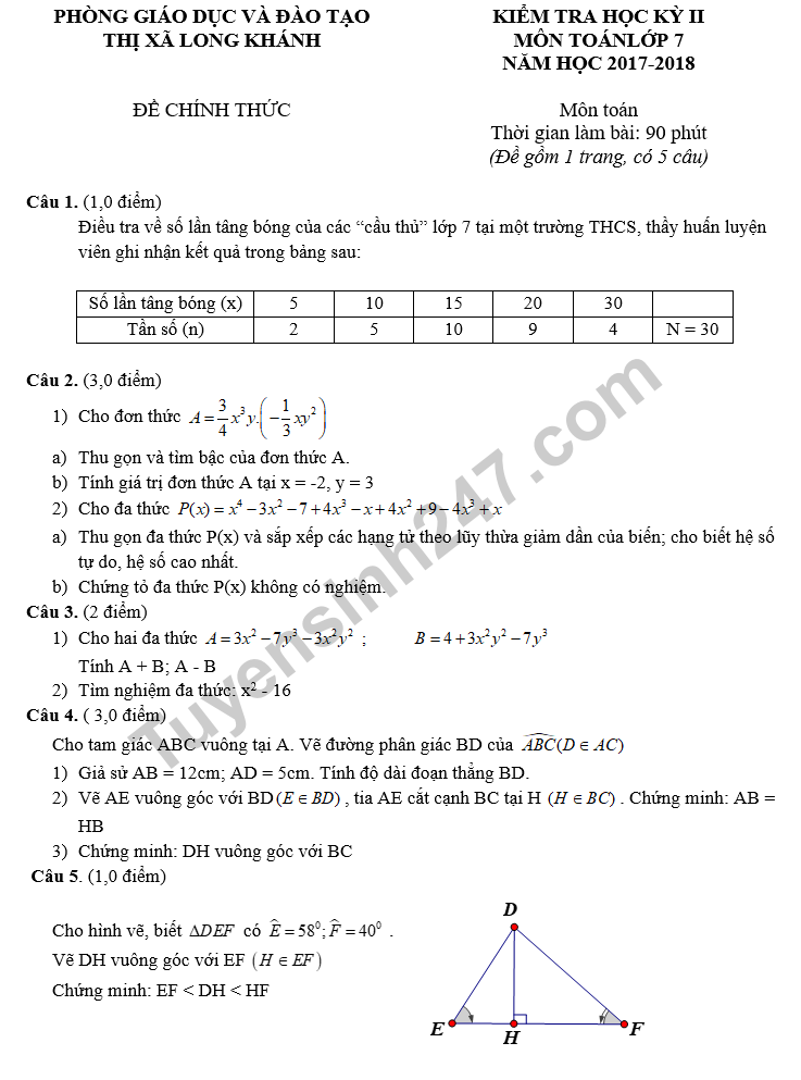 De thi hoc ki 2 lop 7 mon Toan - Phong GD&DT Thi xa Long Khanh nam 2018