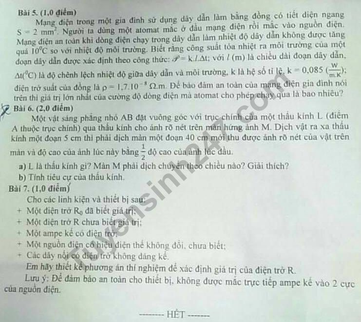 De thi vao lop 10 mon Ly truong THPT Chuyen Nam Dinh 2018