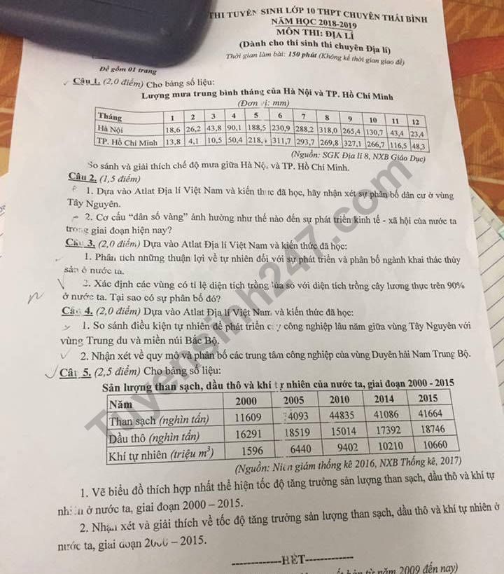 De thi vao lop 10 mon dia li truong THPT Chuyen Thai Binh 2018
