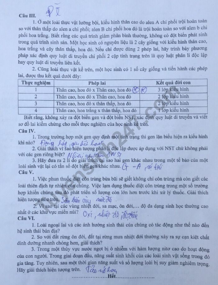 Dap an de thi vao lop 10 mon Sinh Chuyen 2018 - THPT Chuyen Su pham HN
