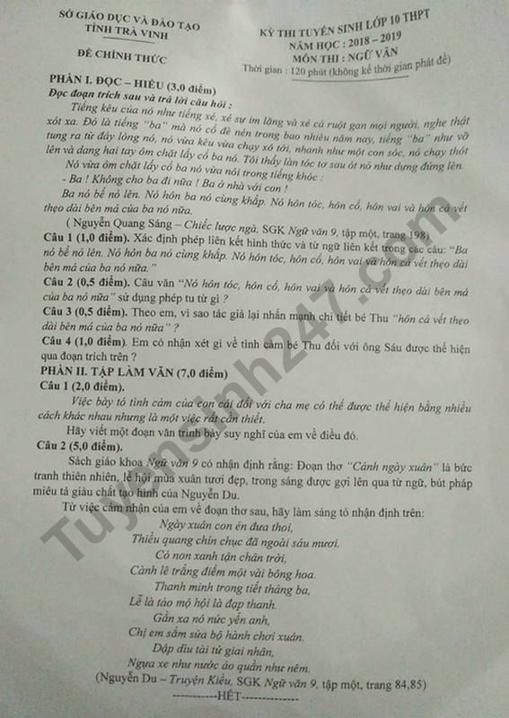 Dap an de thi vao lop 10 mon Van tinh Tra Vinh 2018