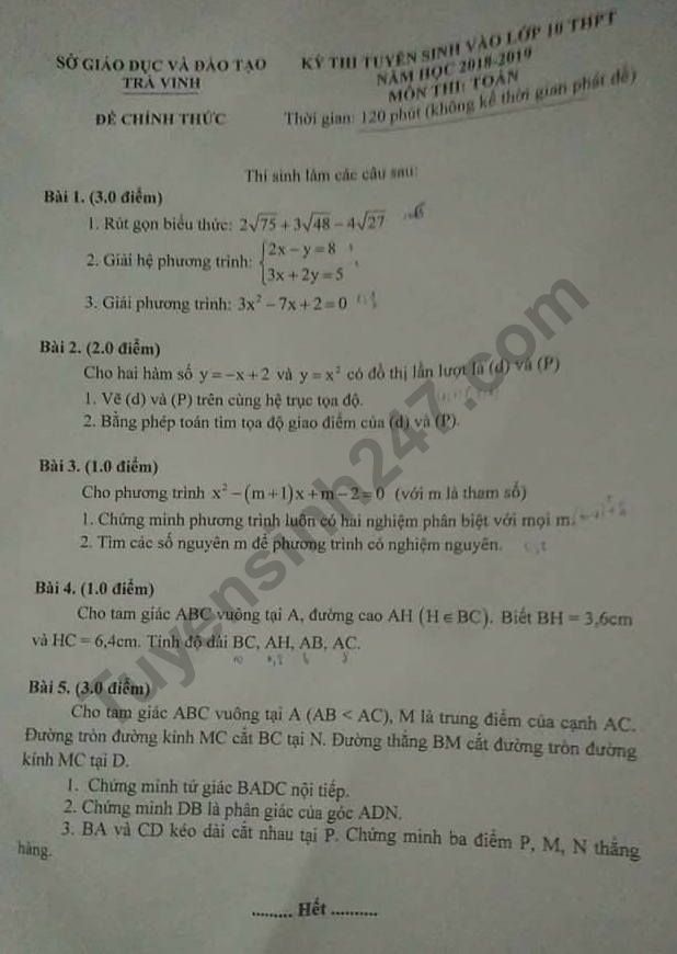 Dap an de thi vao lop 10 mon Toan tinh Tra Vinh nam 2018