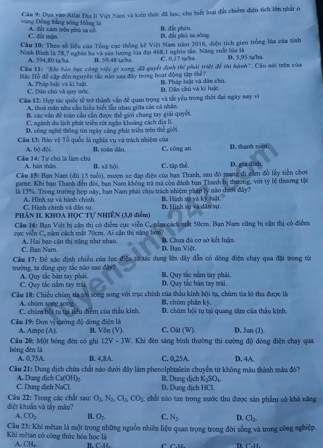 Dap an de thi vao lop 10 bai thi tong hop 2018 tinh Ninh Binh