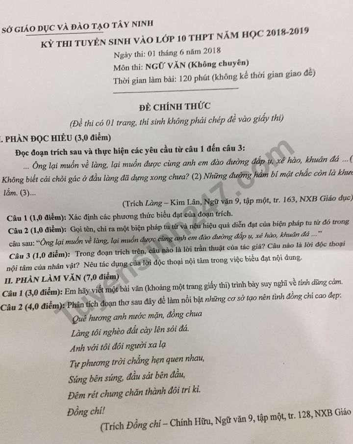 Dap an de thi vao lop 10 mon Van - So GD&DT Tay Ninh nam 2018