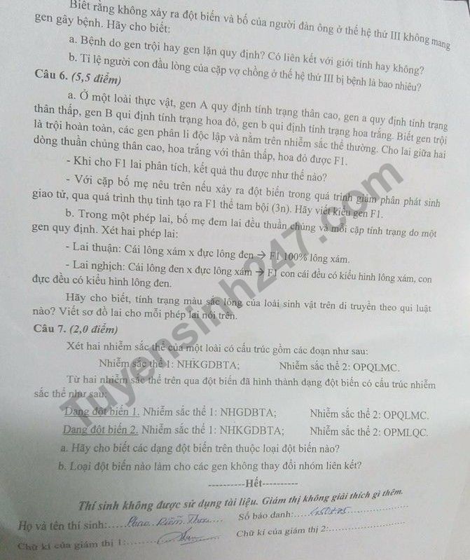 Dap an va de thi vao lop 10 mon Sinh hoc tinh Phu Yen nam 2018