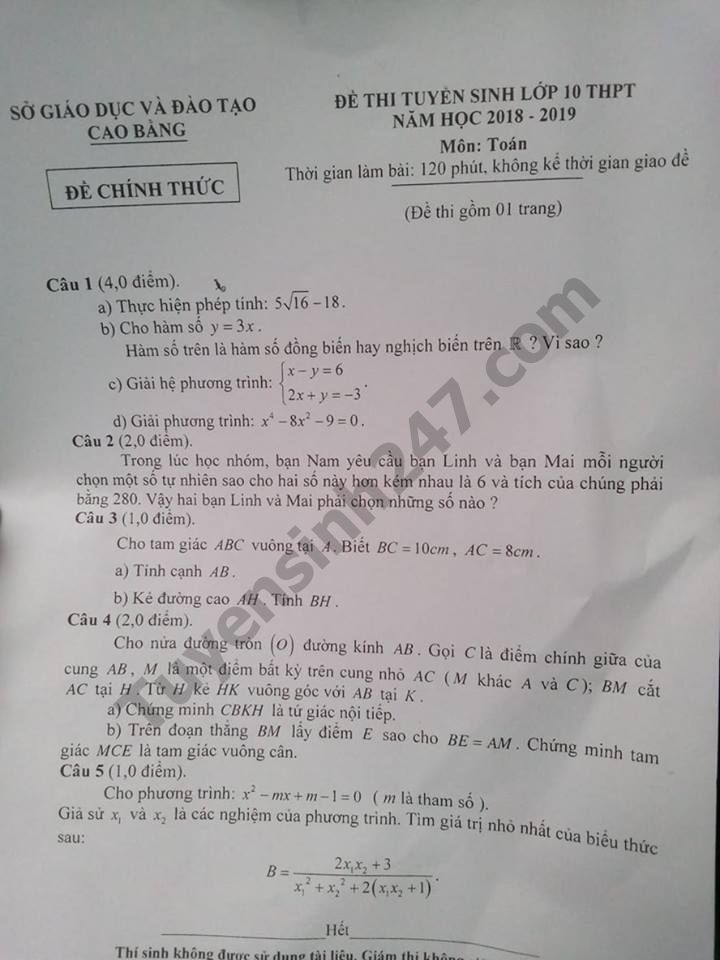 Dap an de thi vao lop 10 mon Toan - So GD Cao Bang nam 2018