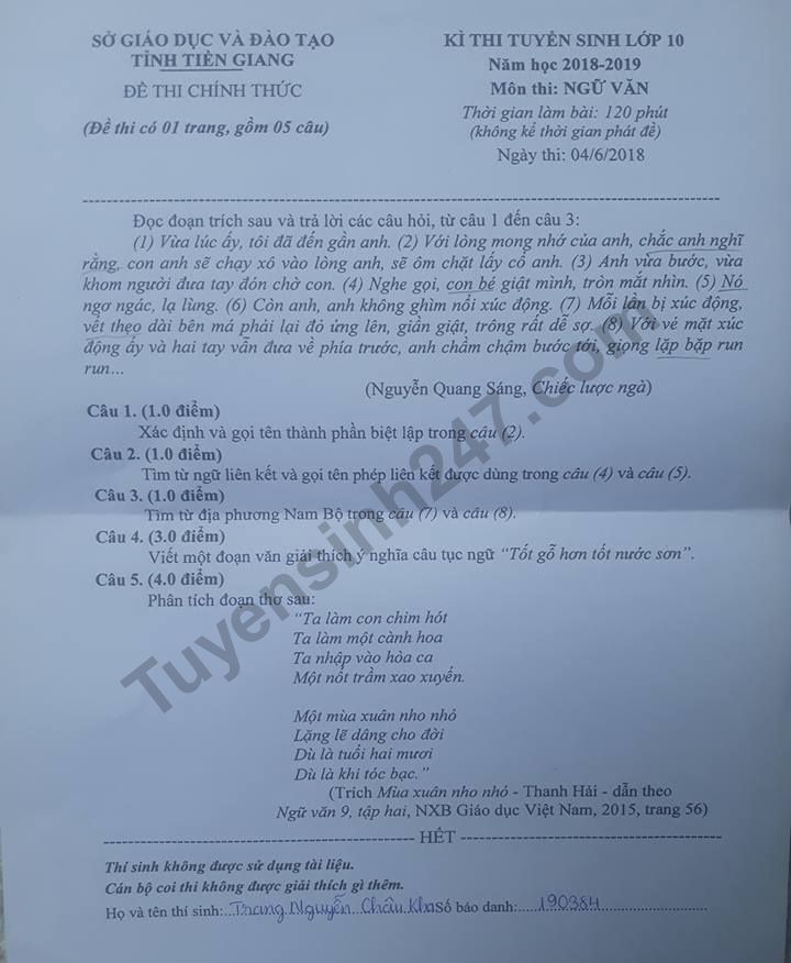 Dap an de thi tuyen sinh vao lop 10 mon Van - So GD Tien Giang nam 2018