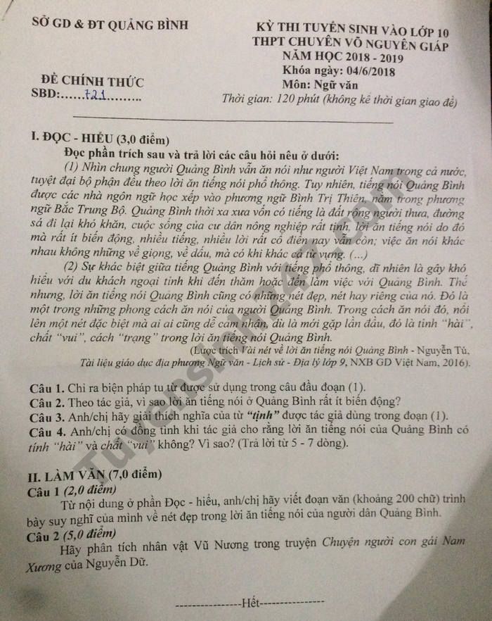 Dap an de thi vao lop 10 mon Van THPT Chuyen Vo Nguyen Giap - Quang Binh 2018
