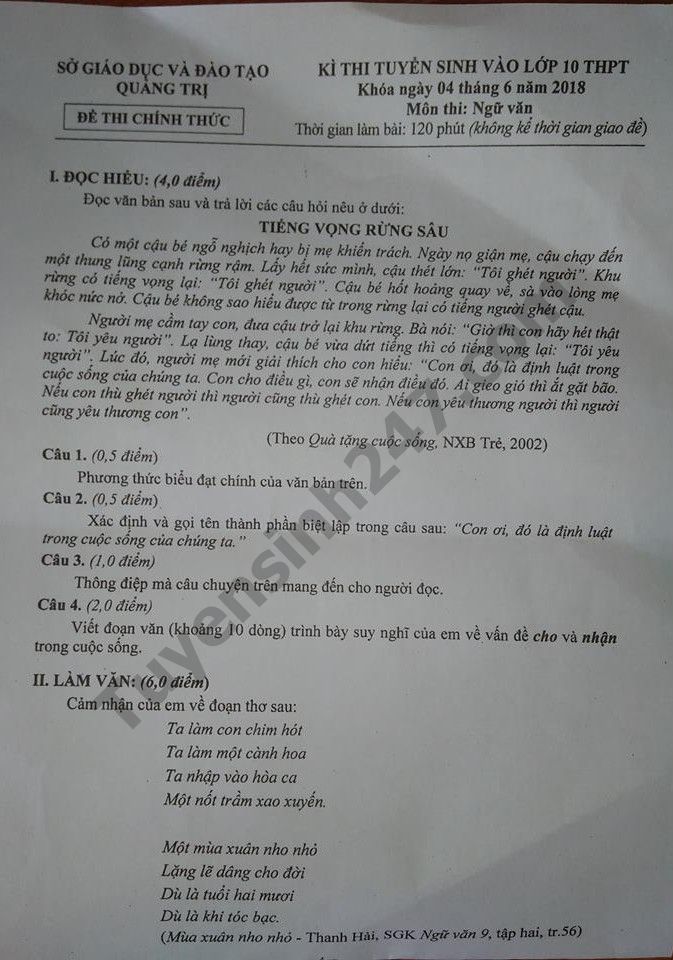 Dap an de thi vao lop 10 mon Van tinh Quang Tri nam 2018