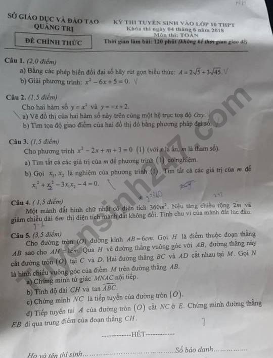 Dap an de thi vao lop 10 mon Toan tinh Quang Tri 2018