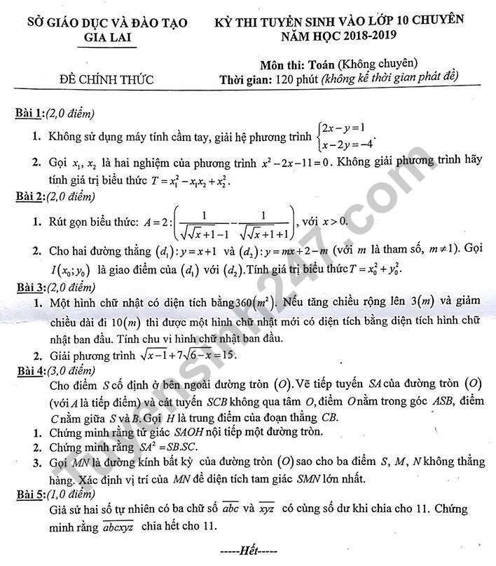 De thi vao lop 10 mon Toan - THPT chuyen tinh Gia Lai nam 2018