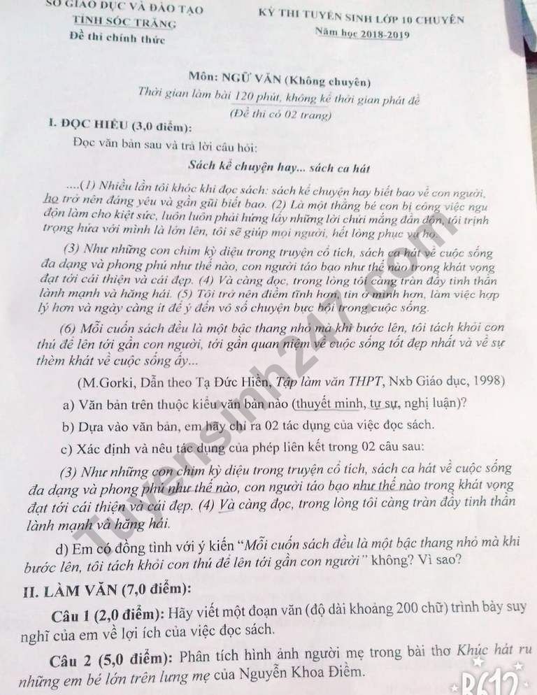 Dap an de thi vao lop 10 mon Van - THPT chuyen Nguyen Thi Minh Khai 2018