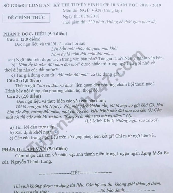 Dap an de thi vao lop 10 mon Van tinh Long An 2018