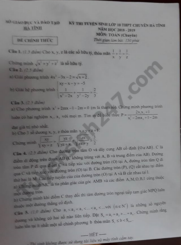 De thi vao lop 10 mon toan THPT Chuyen Ha Tinh nam hoc 2018 - 2019