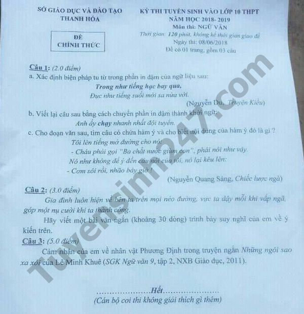 Dap an de thi vao lop 10 mon Van - So GDDT Thanh Hoa 2018