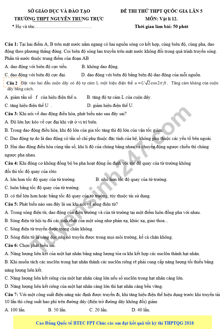 De thi thu THPT QG mon Ly lan 5 - THPT Nguyen Trung Truc 2018