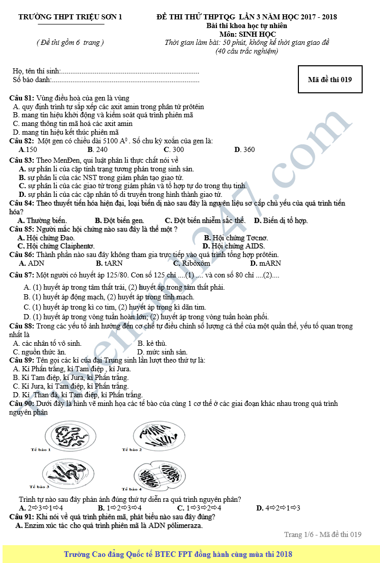 De thi thu THPT QG mon Sinh lan 3 - THPT Trieu Son 1 nam 2018