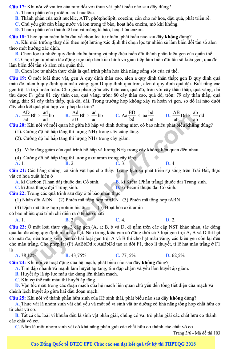 De thi thu THPT QG mon Sinh nam 2018 - THPT Hong Linh