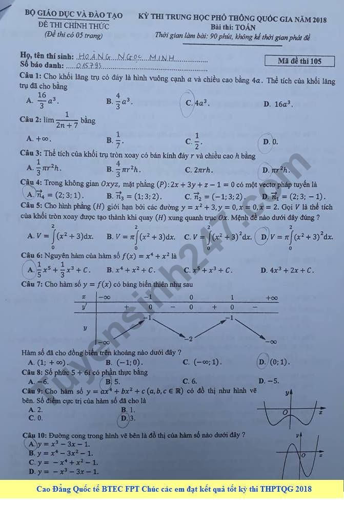 Dap an de thi THPT Quoc Gia 2018 mon Toan - ma de 105 cua Bo GD