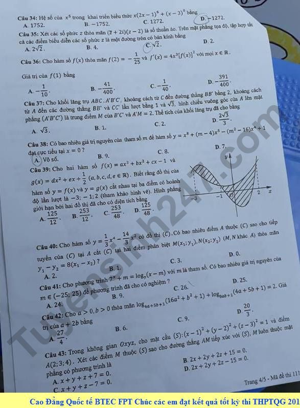Dap an de thi THPT Quoc Gia 2018 mon Toan - ma de 111 cua Bo GD