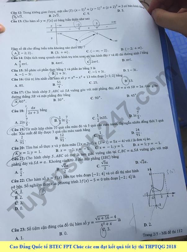 Dap an de thi THPT Quoc Gia 2018 mon Toan - ma de 112 cua Bo GD