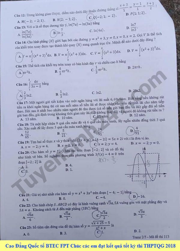Dap an de thi THPT Quoc Gia 2018 mon Toan - ma de 113 cua Bo GD