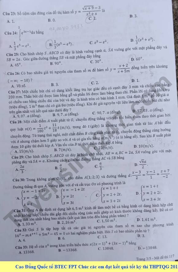 Dap an de thi THPT Quoc Gia 2018 mon Toan - ma de 117 cua Bo GD