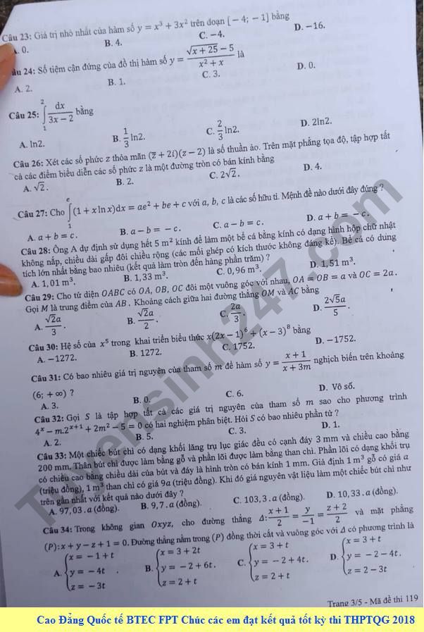 Dap an de thi THPT Quoc Gia 2018 mon Toan - ma de 119 cua Bo GD