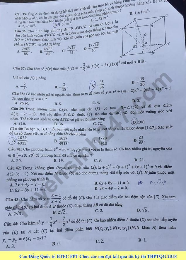 Dap an de thi THPT Quoc Gia 2018 mon Toan - ma de 109 cua Bo GD