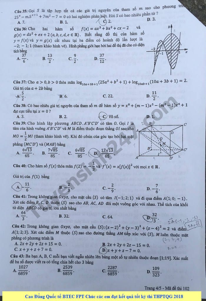 Dap an mon Toan THPT Quoc gia 2018 - Ma de 102 cua Bo GD