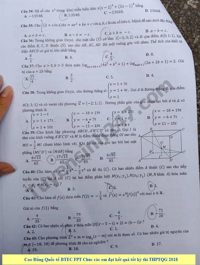 Dap an de thi THPT Quoc Gia 2018 mon Toan - ma de 106 cua Bo GD