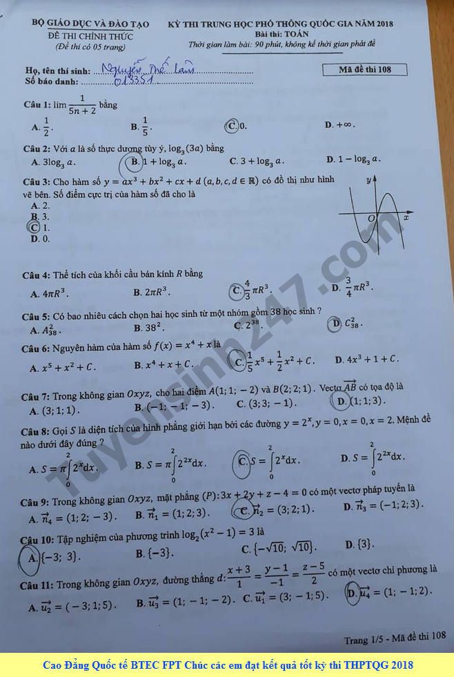 Dap an de thi THPT Quoc Gia 2018 mon Toan - ma de 108 cua Bo GD