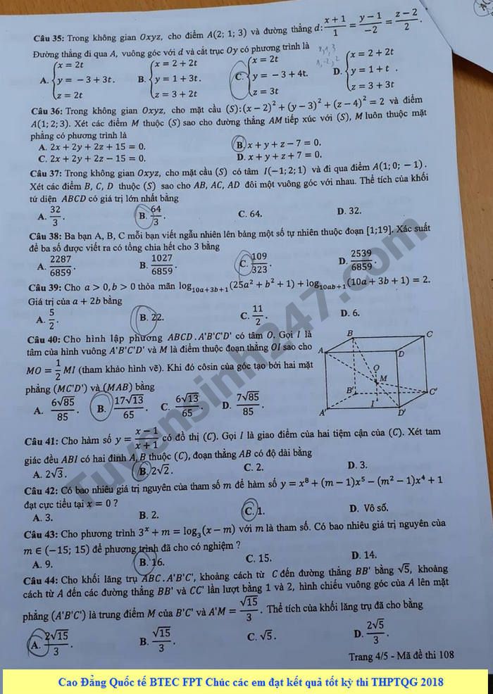 Dap an de thi THPT Quoc Gia 2018 mon Toan - ma de 108 cua Bo GD