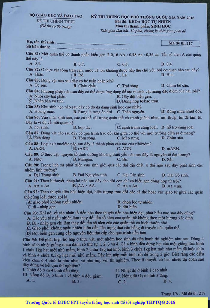 Dap an cua Bo GD de thi THPT Quoc Gia 2018 mon Sinh-ma de 217